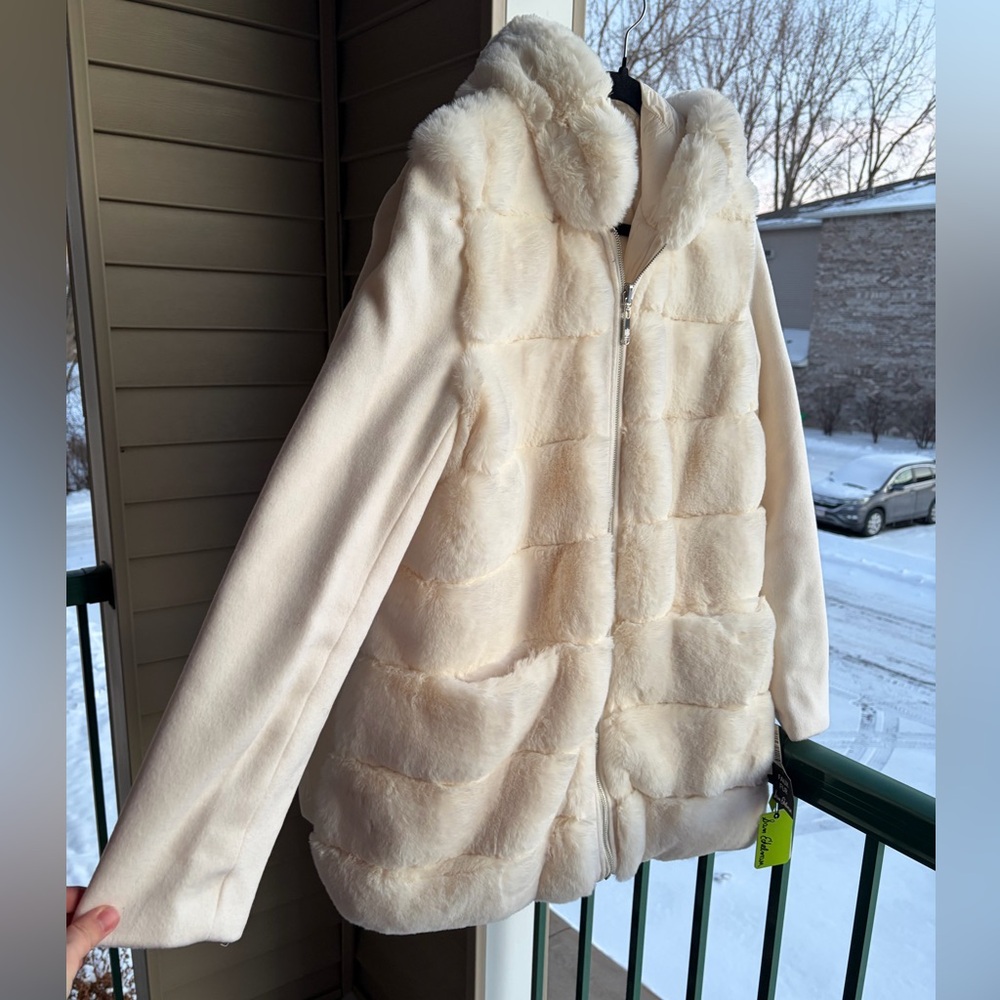 🆕❄️Sam Edelman Reversible Faux Fur Hooded Outwear Wool Coat Cream Jacket XL - Picture 5 of 17